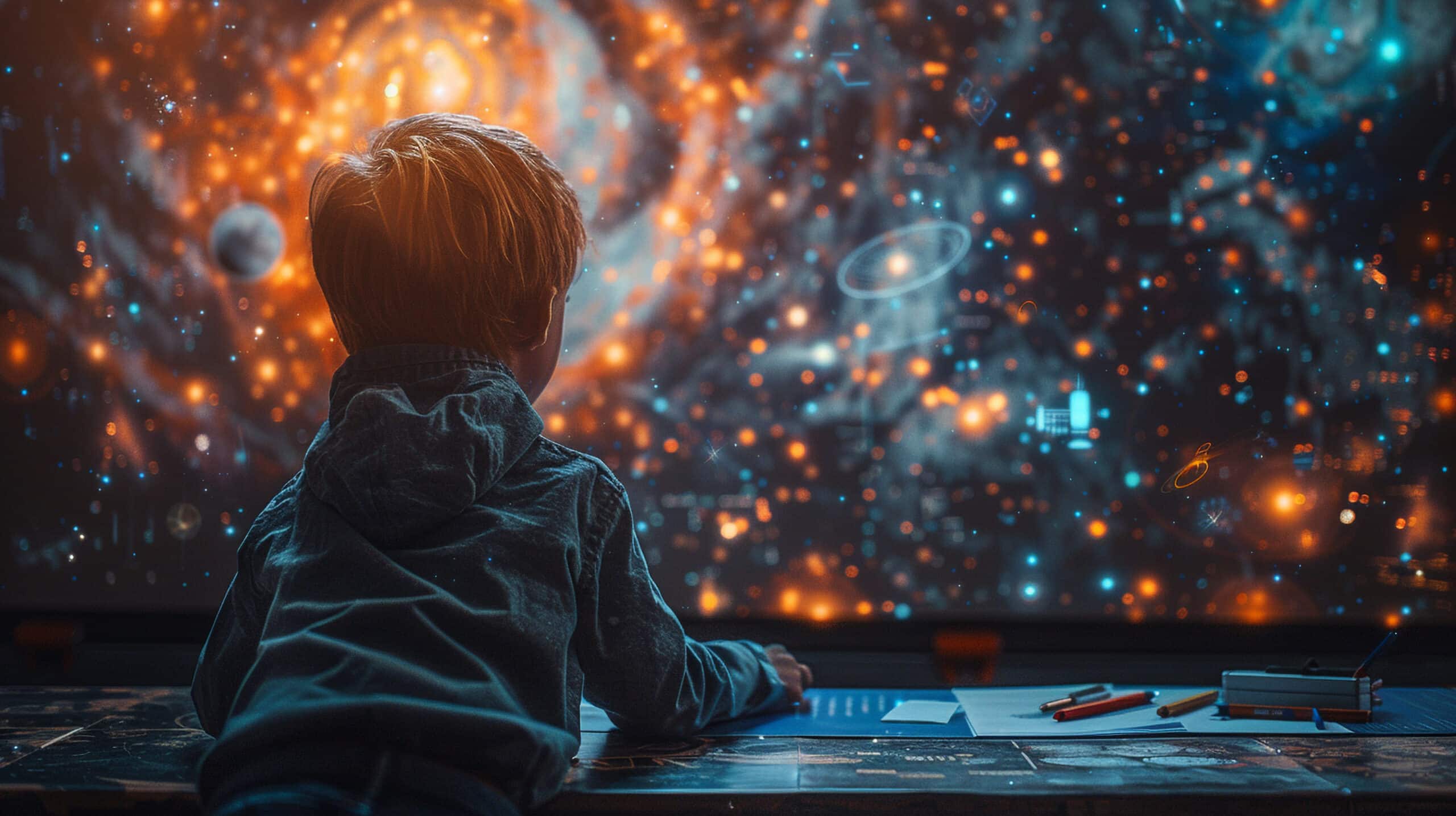 Young student gazing at a large holographic screen filled with stars and galaxies